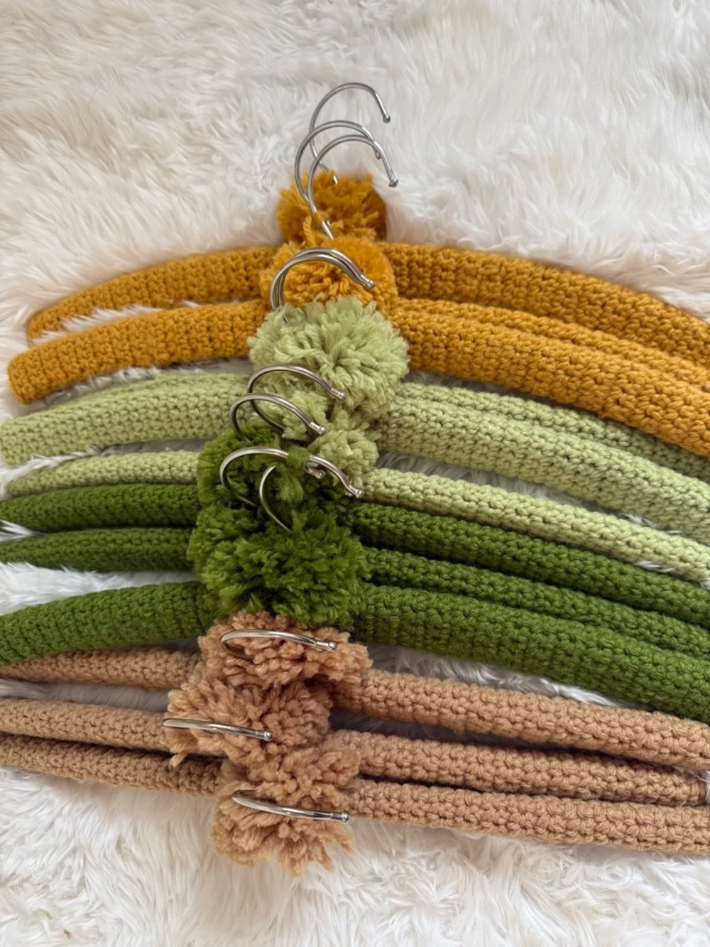 Crocheted Velvet Padded Hangers with Pom-Pom - Olive, Moss, Tan & Mustard